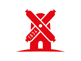 Rotes Mühlen-Logo der Rügenwalder Mühle mit der Jahreszahl 1834 in den Flügeln.
