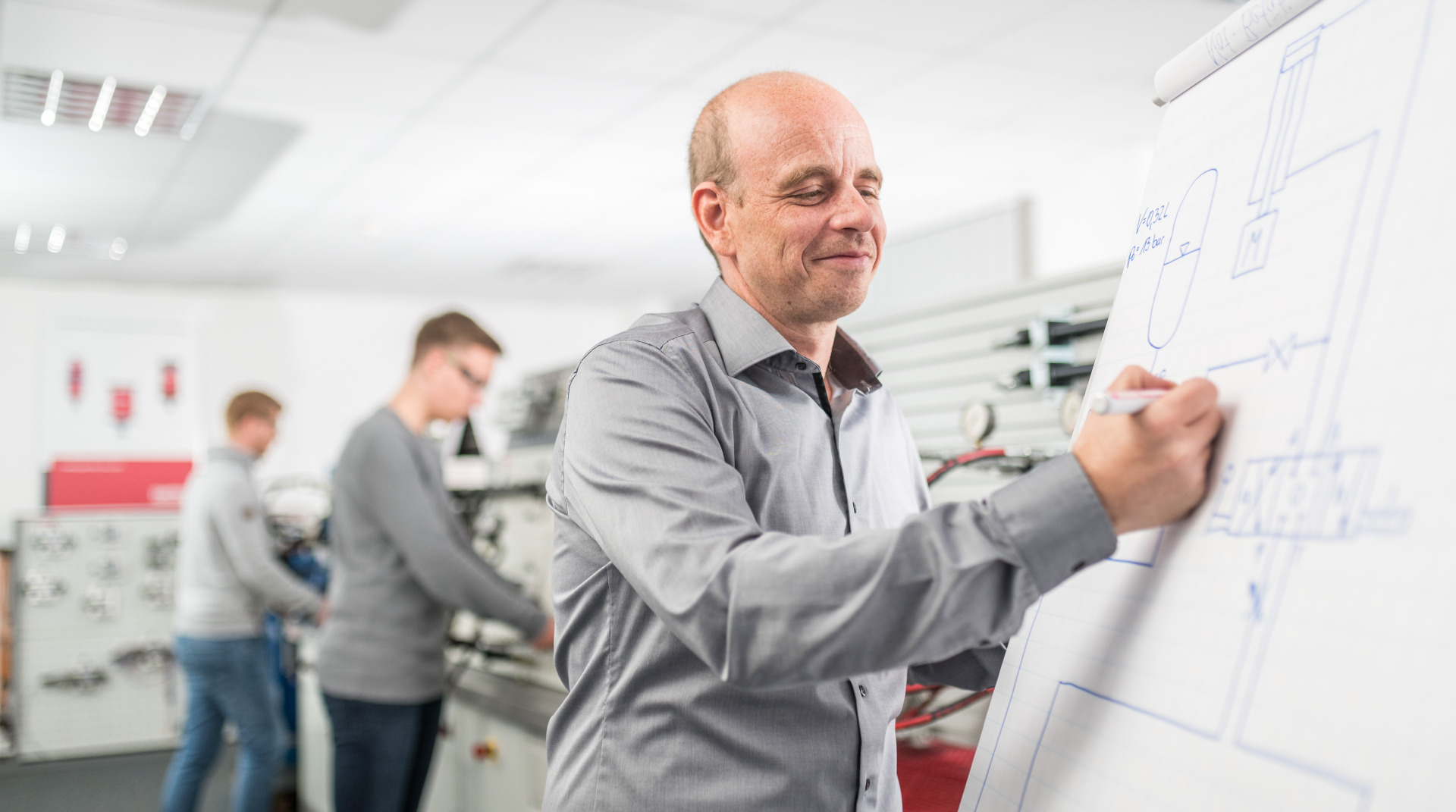 Ein Dozent erklärt ein Hydrauliksystem an einem Flipchart, im Hintergrund arbeiten zwei junge Männer an Schulungsmodulen.